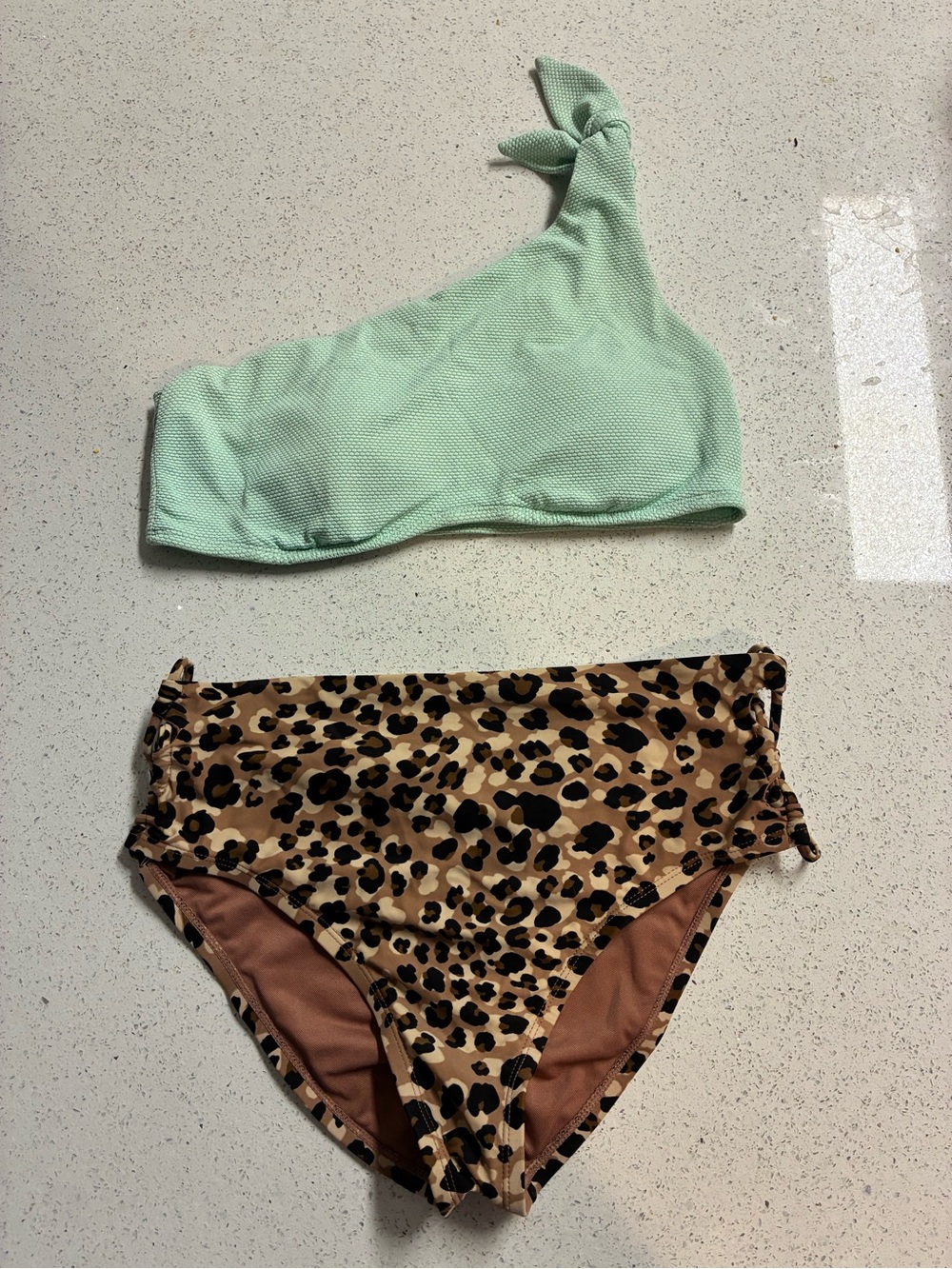 Time and Tru Mint One-Shoulder Bikini Top with Leopard High-Waist Bottoms